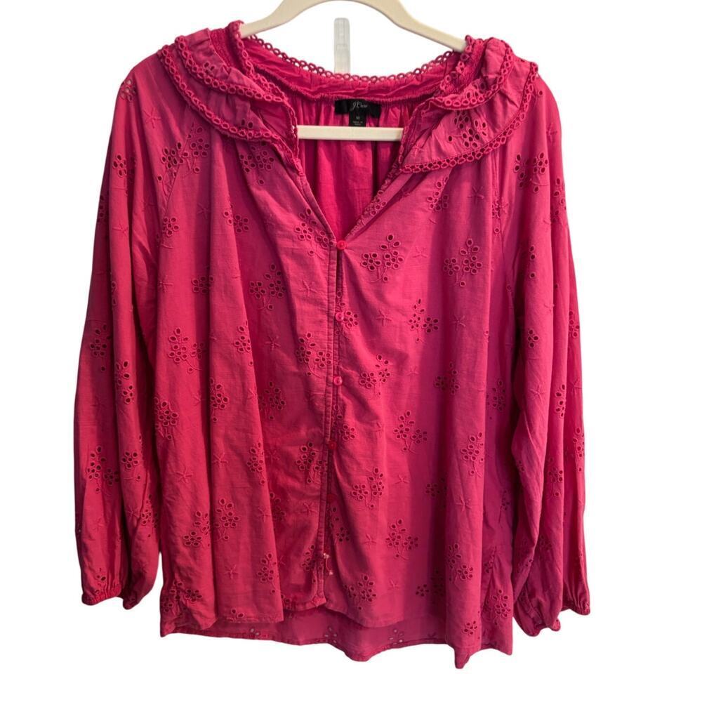 J.Crew Size Medium Hot Pink Eyelet Peasant Style Boho Hippie Top